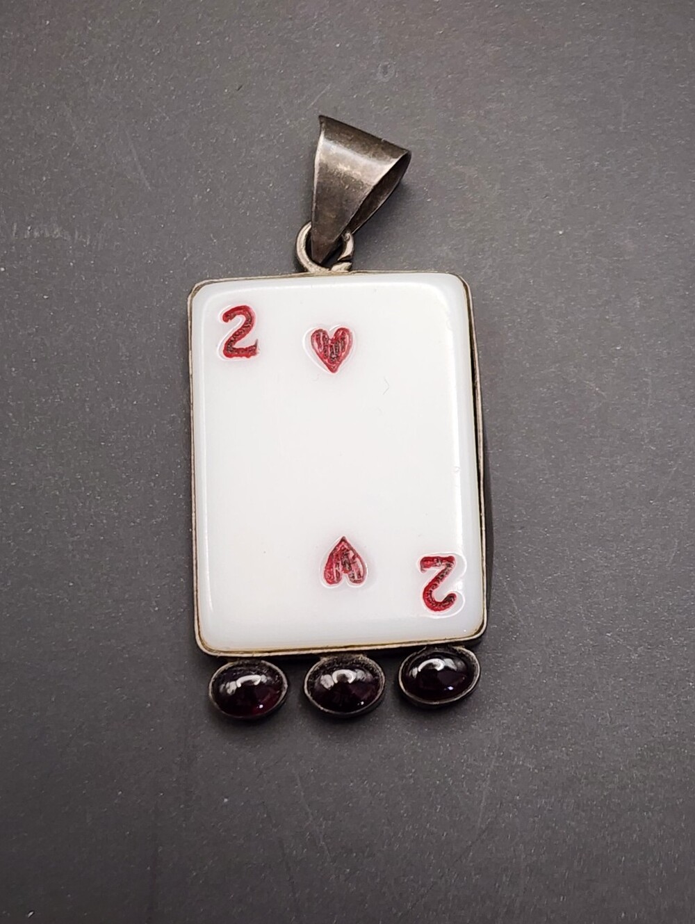 Sterling Silver Artisan Playing Card 2 Of Hearts Motif Pendant w/3 Garnet Stones